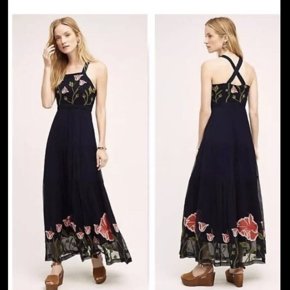Anthropologie Floreat floral Navy
Blue Embroidered Maxi Dress boho formal fall - Picture 2 of 14